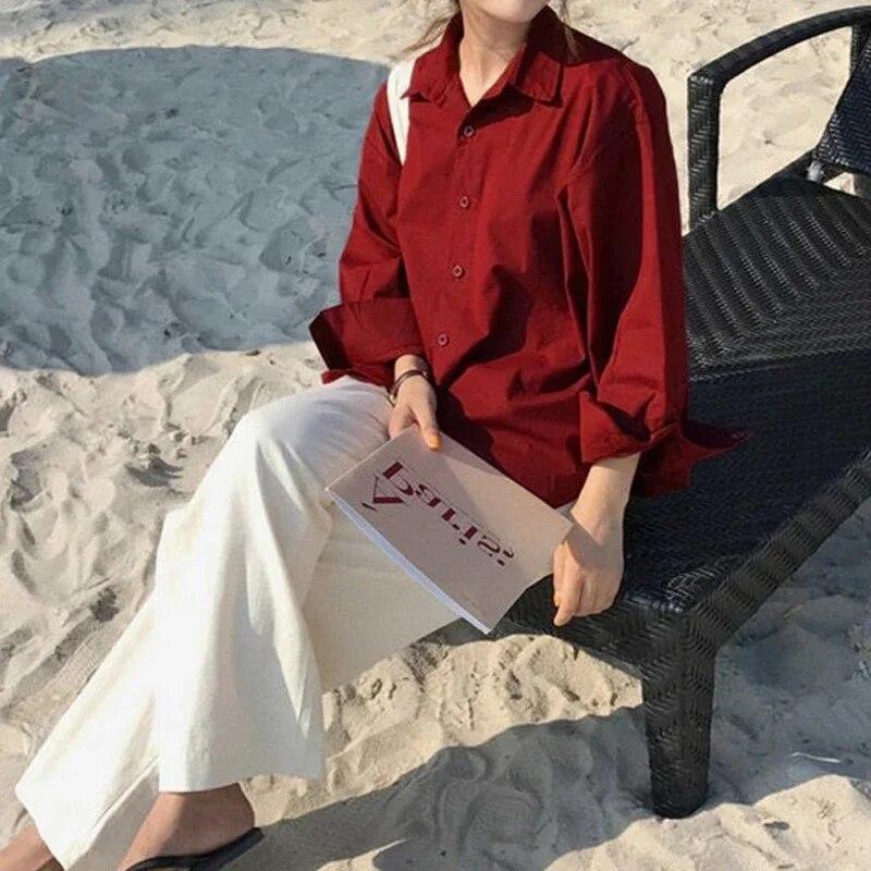 Простая красная блузка с длинным рукавом для офиса 2023, повседневные свободные женские рубашки с отложным воротником, универсальные женские однобортные топы 30393