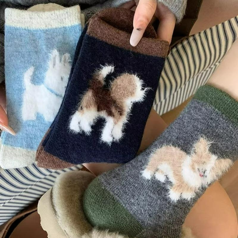 Модные Kawaii Носки с Собаками Зимние Теплые Мультяшные Милые Собака Кошка Животные Средней Длины Чулки Для Женщин Девочек Домашние Сонные Носки Подарки