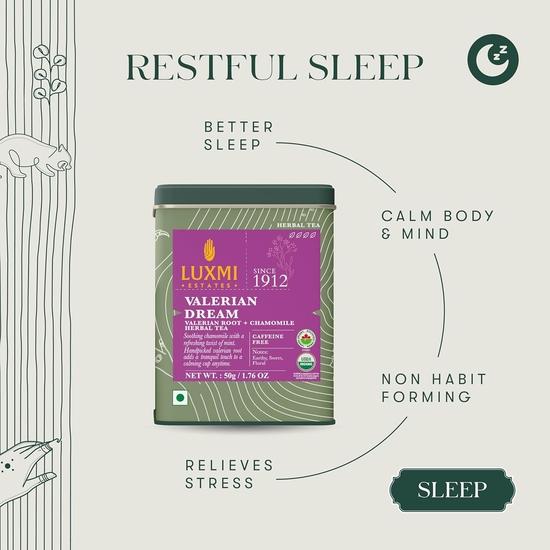 LUXMI Estates Sleep Tea With Valerian Root | 50 Gram Tin Pack| Caffeine Free Tea For Insomnia, Anxiety, 25 Cups