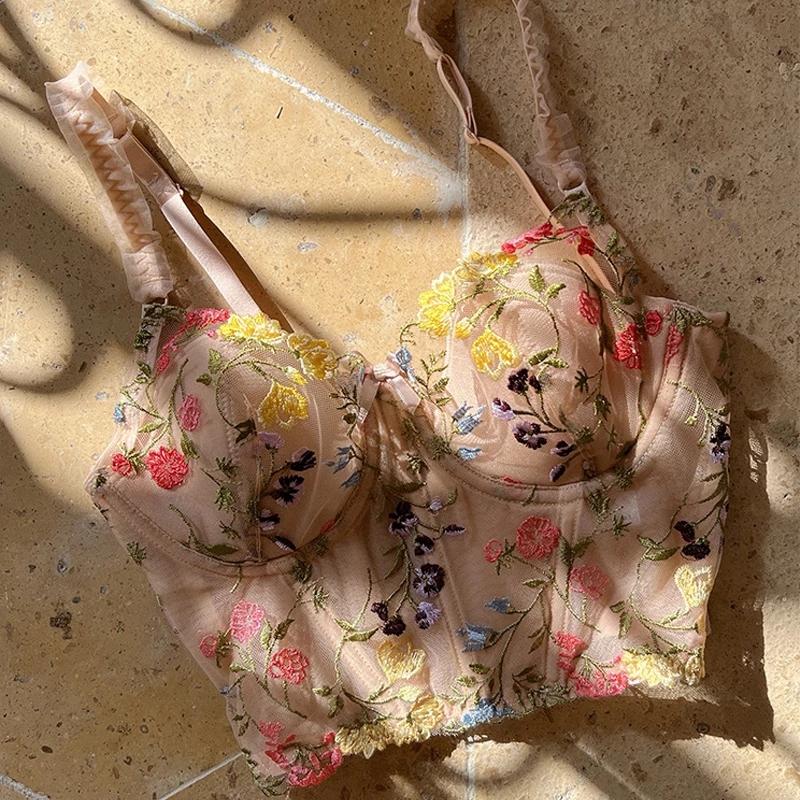 New Lace Camisole Ultra Thin Underwear Sexy Lace Embroidery Push Up Bra Set Women Romantic Flowers Body Shaper Tops and Panties