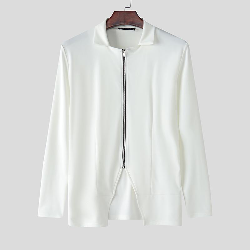 INCERUN Мужские весенние топы с воротником-стойкой, длинными рукавами, на молнии, повседневные, приталенные, майки