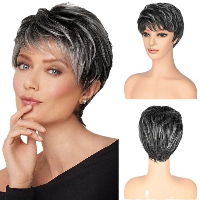 Womens Short Straight Wig Black Side Part Fluffy Natural Look Fashion