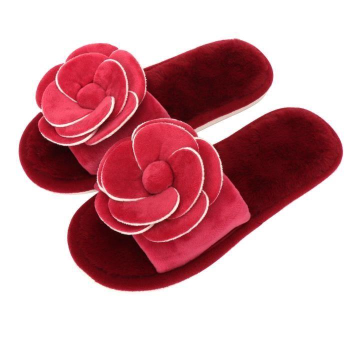 Chausson Ouvert Femme - Marque - Rouge - Doublure Velours - Semelles Antidérapantes - Textile