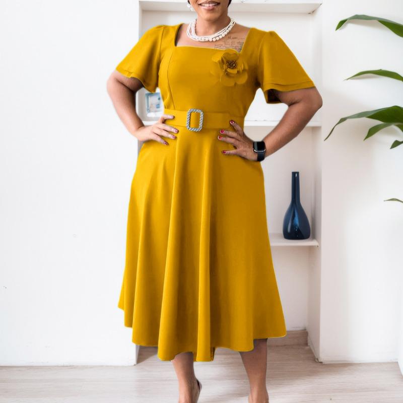 Женское летнее модное платье-халат с квадратным воротником и высокой талией