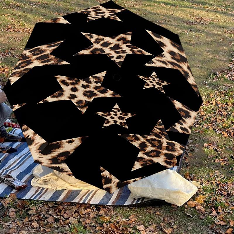 1PC Leopard Print Stars Umbrella-8-Rib Reinforced, Automatic Open, Lightweight & Durable, Cute Fashion Accessory for Outdoor, Beach or Casual Use, Bea
