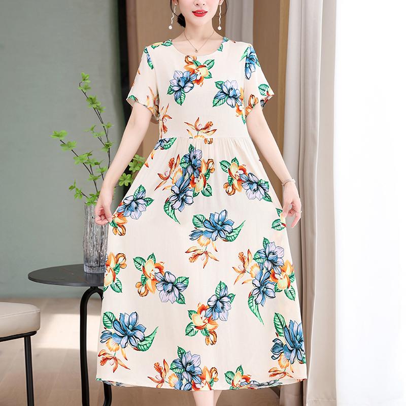 Elegant Long Dresses Women Summer Casual Short Sleeve Vintage Dress Korean Style O-Neck Female Clothing