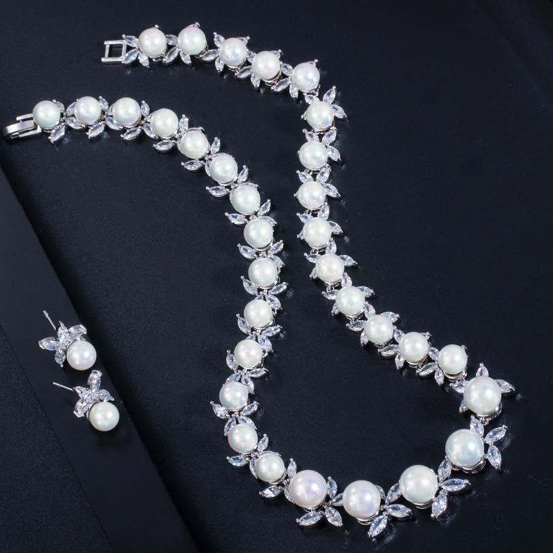 CMM блестящий кубический цирконий, круглый большой искусственный жемчуг, свадебное ожерелье, серьги, комплекты ювелирных изделий для женщин