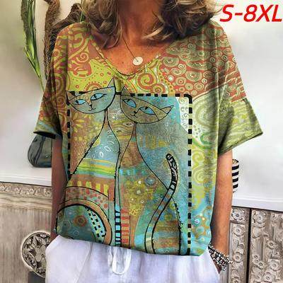 S-8XL Футболка размера плюс для женщин с рисунком кота, летняя мода, повседневные топы с V-образным вырезом и коротким рукавом, футболки, пуловер