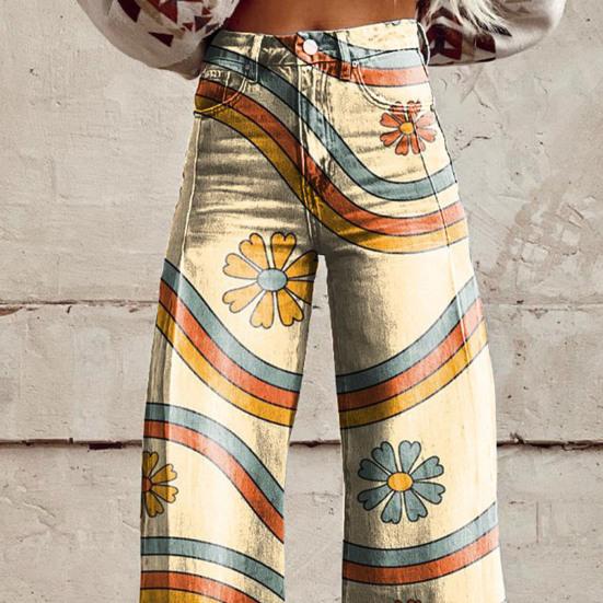 Women Casual Trousers Colorful 3D Floral Printing Flared Leg High Waist Plus Size Jeans Button Zipper Closure with Pockets Lojng Pants for Dating