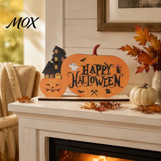 Childlike Halloween Room Accent Wooden Table Sign, Cute Pumpkin Boo Ghost Vibrant Party Prop Tabletop Centerpiece for Indoor Mantel Fireplace