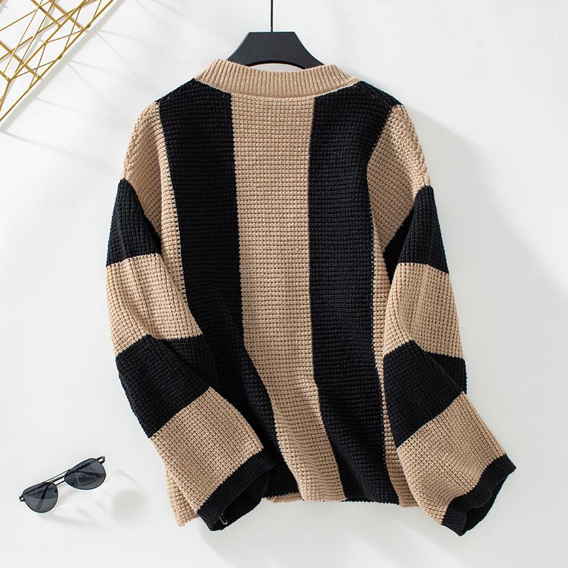 Plus Size Women's Fashion Knitwear Autumn and Winter Striped Clashing Colours Loose Flared Sleeve Sweater Knitted Cardigan
