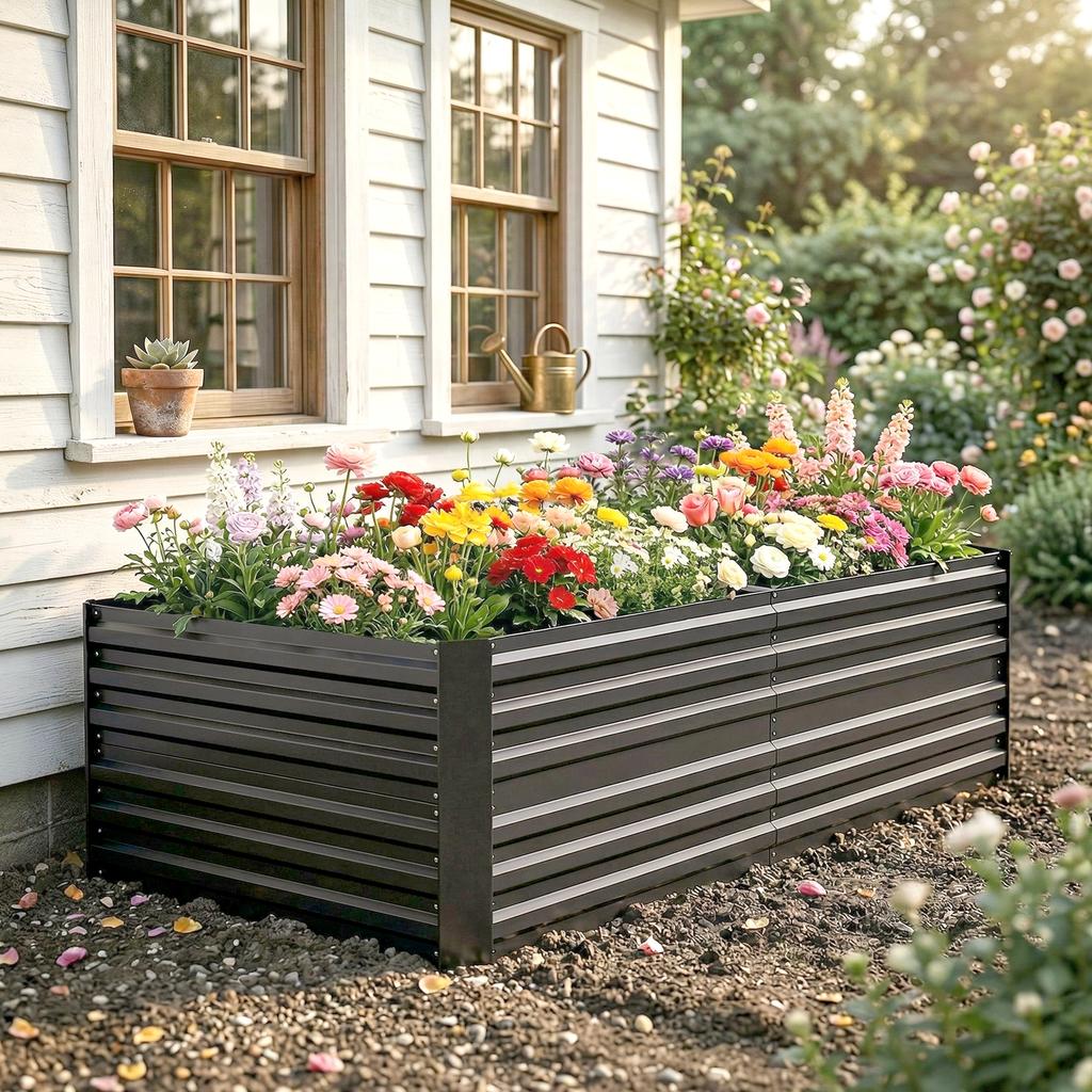 Raised Beds for Garden, Galvanised Steel Outdoor Planters with Multi-reinforced Rods, 180 x 90 x 59 cm, Dark Grey