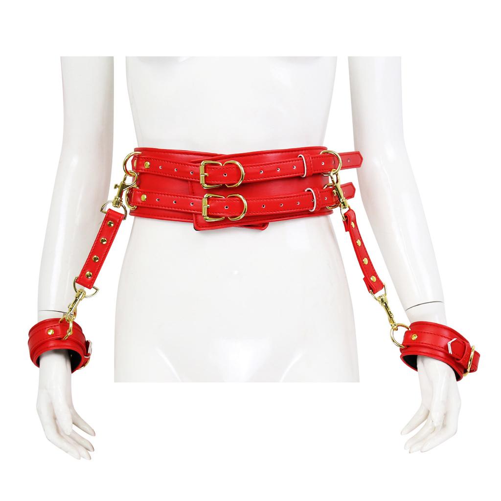 BDSM PU Leather Waist To Wrist Restraint Harness Set Adjustable Bondage Belt with Cuffs Slave Role Play Adult Sex Toy for Women