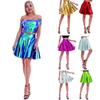 Women Shiny Metallic Flared Skater Skirts Faux Leather High Waist Pleated A-Line Mini Skirt for Disco Dance Clubwear
