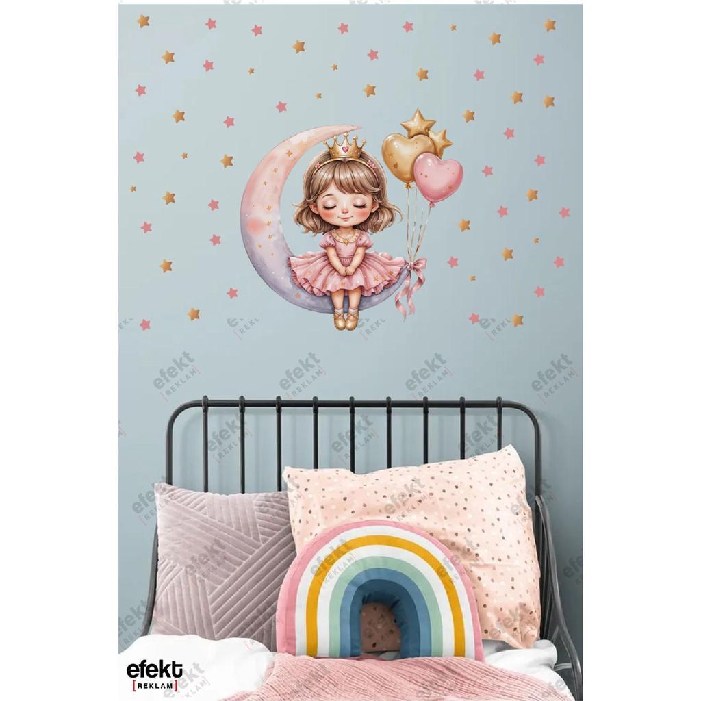 Cute Girl Sitting On The Moon Kids Room Door - Wall Adhesive Sticker Set