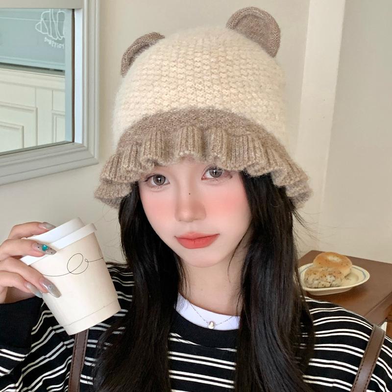 Японская милая шапка-пуловер с медвежьими ушками, осенне-зимняя шапка, женская вязаная шапка для большой головы, кружевная шерстяная шапка