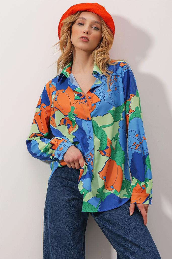 Women's Shirt New Season Fashion Steel Blue Oversize Long Woven Shirt