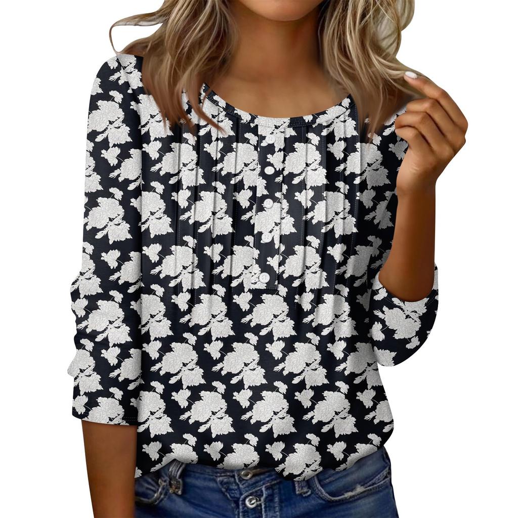 Women's Round Neck Pull Stripe Decorative Button Top Casual Solid Color 3/4 Sleeve T Shirt