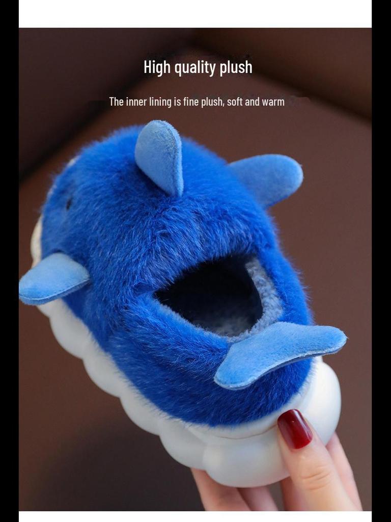 2023 Акула Мультфильм Нескользящие Хлопковые Тапочки Для Детей - Зимняя Обувь На Каблуке Для Девочек И Мальчиков