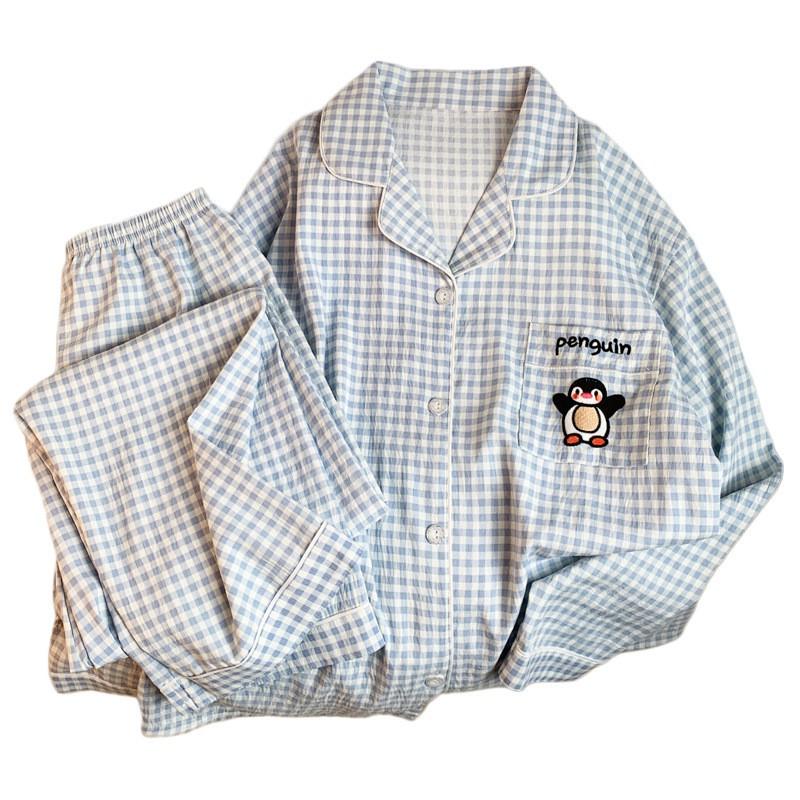 Cute Plaid Penguin Long Sleeve Pajama Set Women Soft Cloud Cotton Loungewear