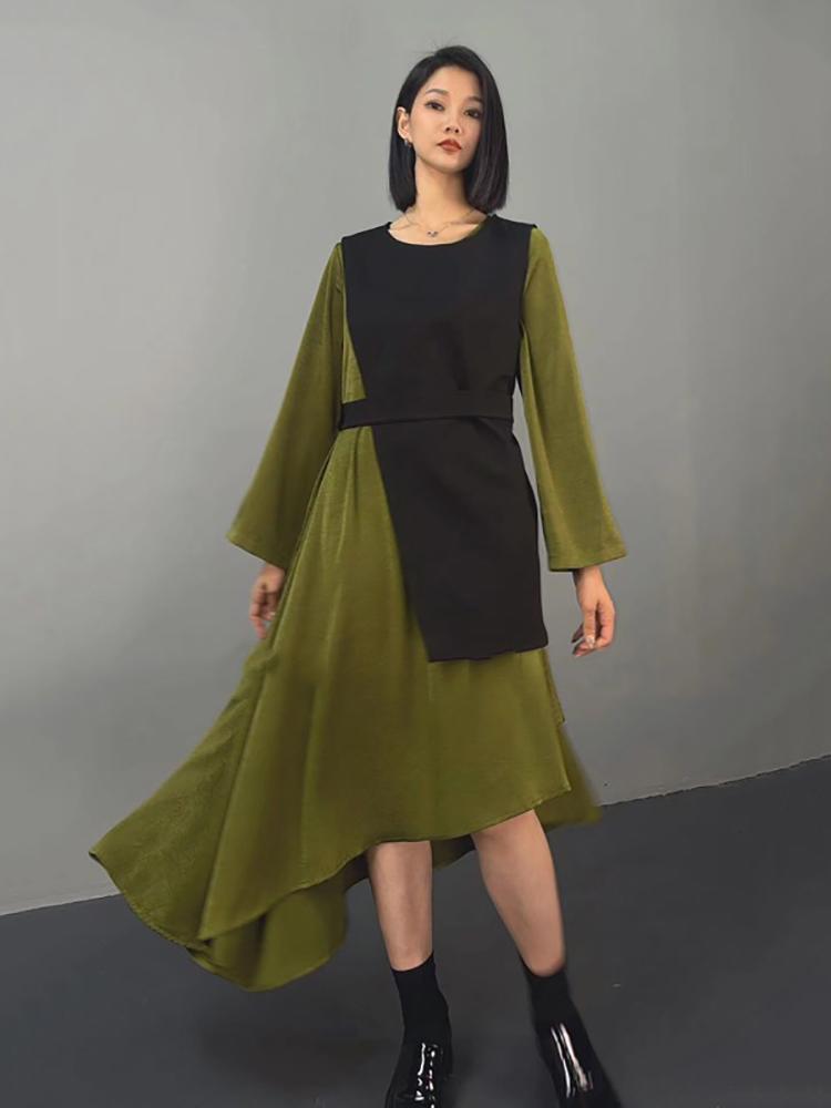 Xitao Contrast Color Patchwork Asymmetrical Dresses HJF86619