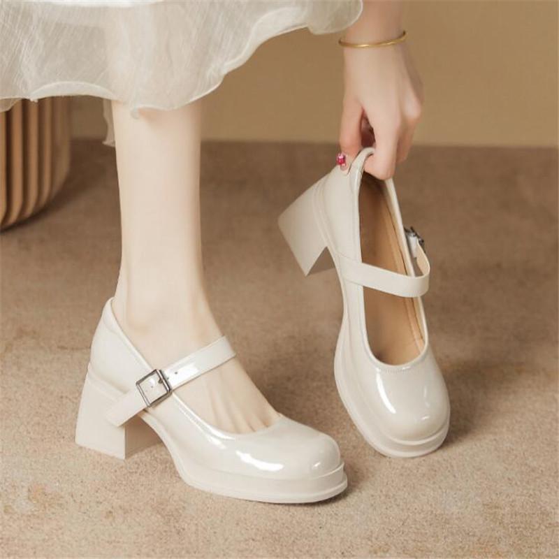 Модные элегантные женские туфли на высоком каблуке, туфли Мэри Джейн, классические туфли-лодочки, черные и белые, на толстом каблуке, женские свадебные и офисные туфли.