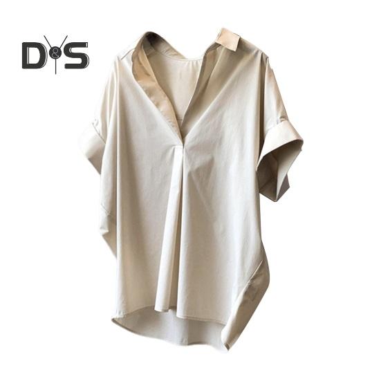 Женская летняя рубашка с лацканами и коротким рукавом, однотонный пуловер, свободный крой, тонкая офисная женская рубашка, рабочая одежда