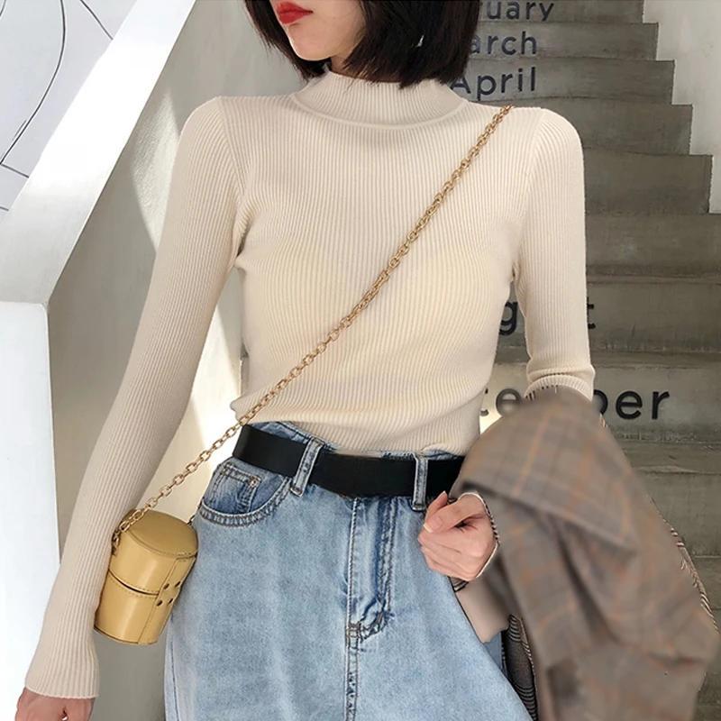 Осенние длинные рукава свитера женские полувысокий воротник вязаные свитера женские повседневные трикотажные топы однотонные облегающие зимние одежды 27972