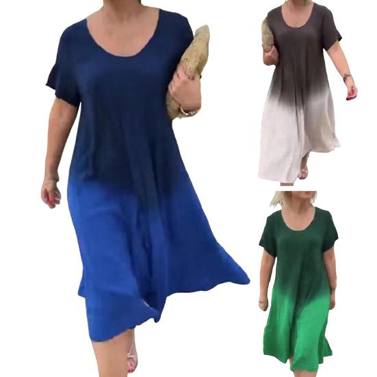 Женское платье миди с круглым вырезом и коротким рукавом, градиентного цвета, длиной до середины икры, повседневное платье свободного кроя из мягкой легкой ткани