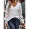 Топы с кружевными рукавами, пуловер, повседневная футболка с длинным рукавом, однотонная, свободного кроя, женская