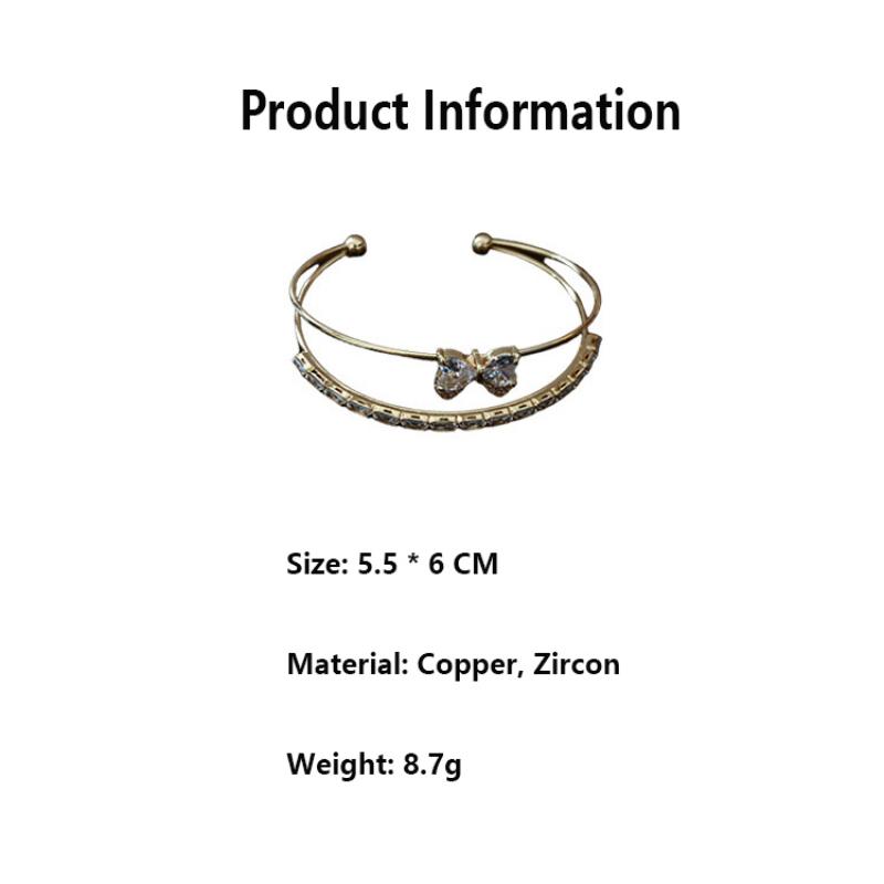 New Shiny Zircon Bow Bangle Women Heart Shape Double Layer Open Adjustable Bracelet Exquisite Banquet Daily Wear Jewelry Gifts