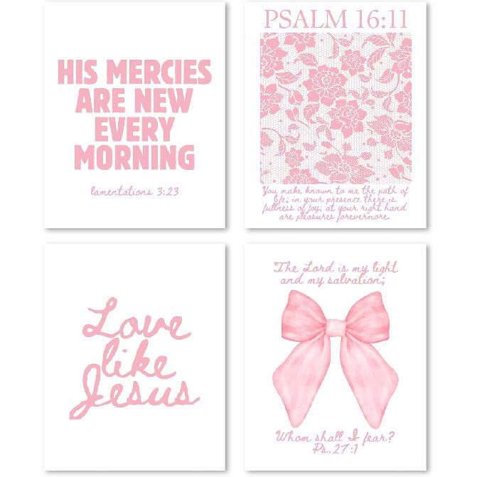 FGFK Girly Pink Christian Wall Art Prints Set of 4, Lamentations 3:23 Psalm 16:11 Psalm 27:1 Bible Verse Preppy Posters Pictures Wall Decor for Girls
