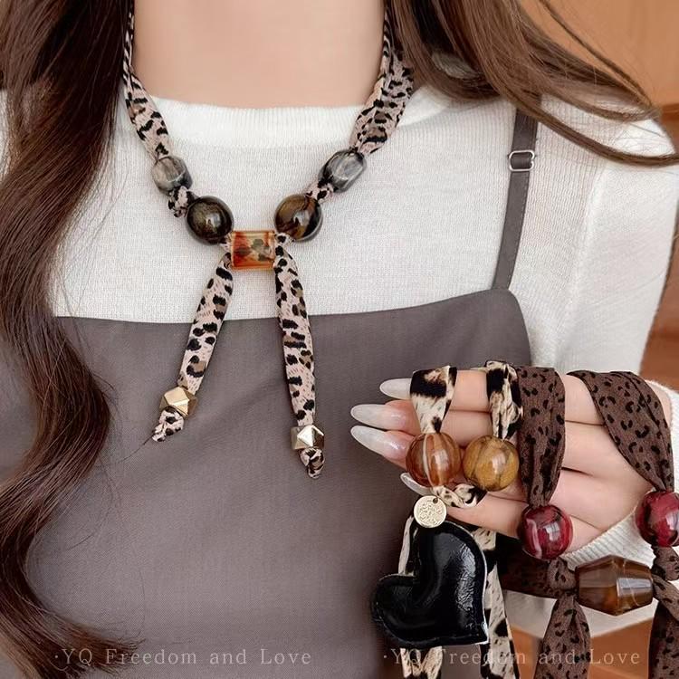 Женское ретро ожерелье-шарф с леопардовым принтом и бусинами - Регулируемая цепочка для свитера