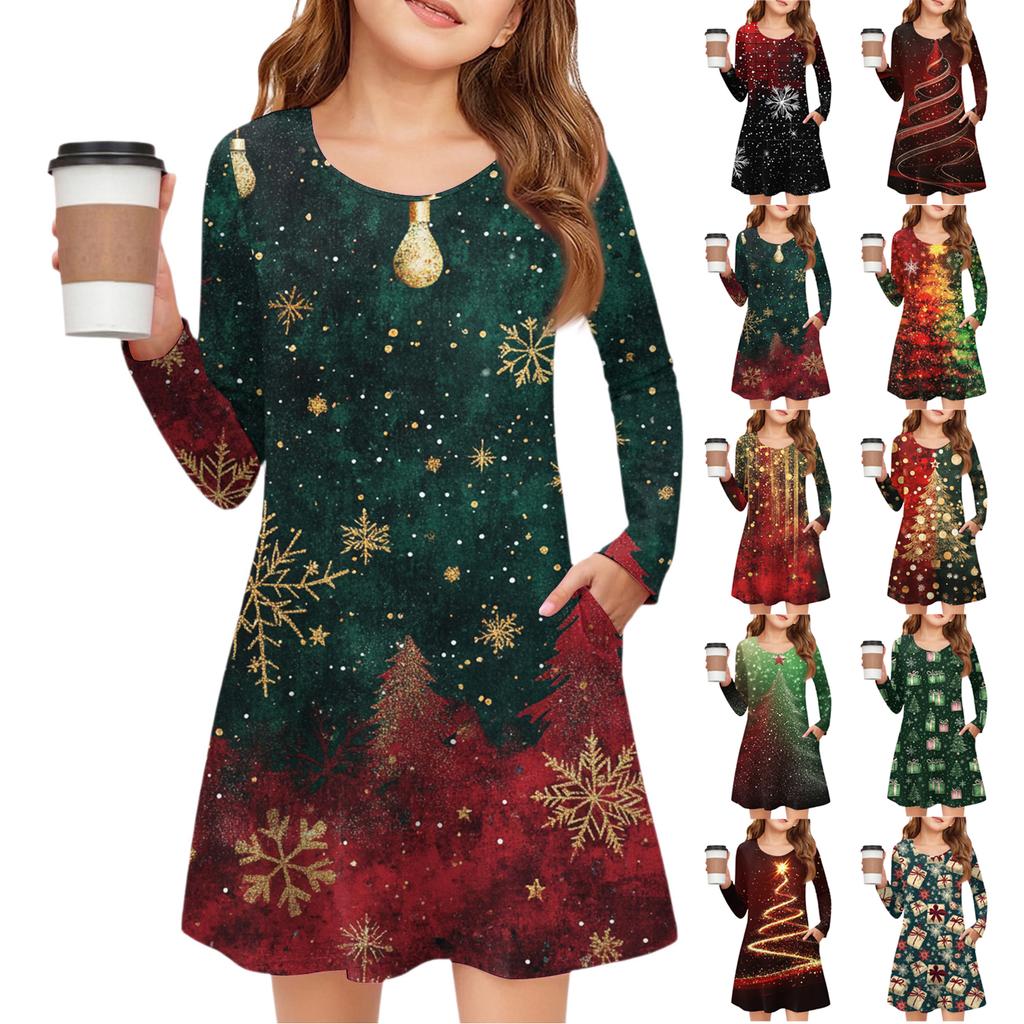 Christmas Day Girls' Long Sleeve Dress - Color Pocket Dress
