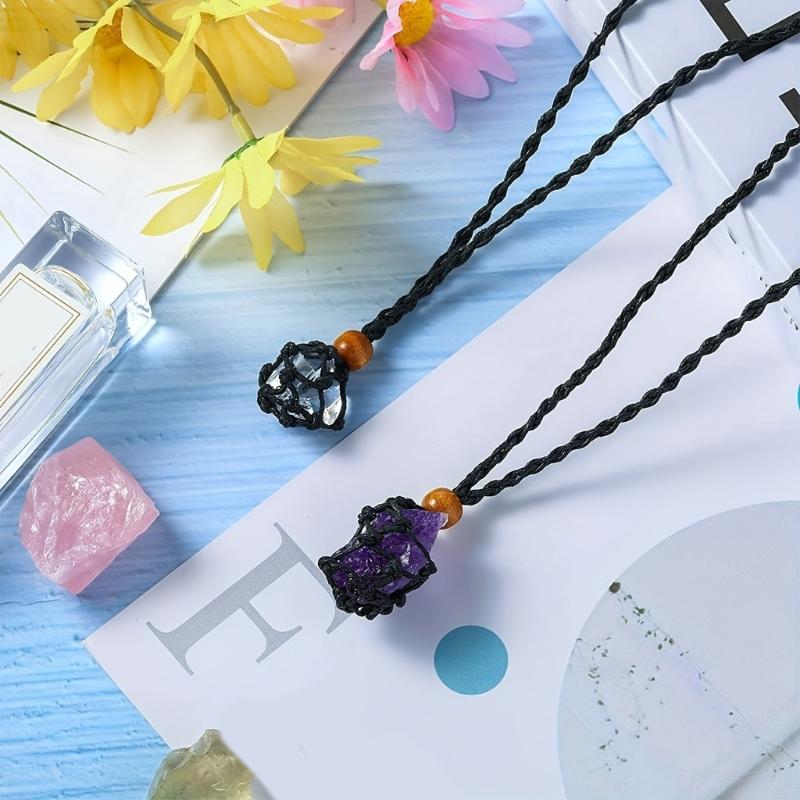 Набор из 10 подвесок из натурального камня в сетчатом кармашке, регулируемый шнурок-чокер для демонстрации кристаллов, ручная работа, ювелирное изделие