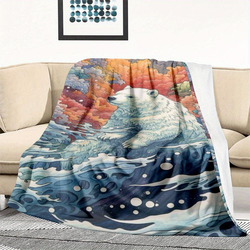 Watercolor style polar bear pattern Flannel printed blanket suitable for all seasons suitable for living room office sofa travel