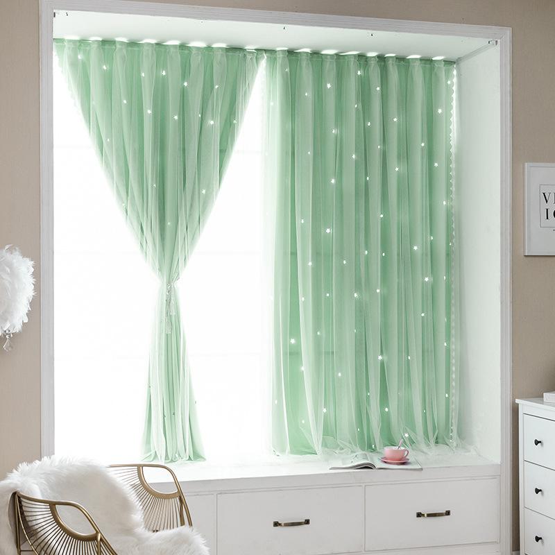 Bedroom Blackout Curtains with Magic Tape, Double Layer, No Drilling Installation, Hollow Star Gradient Bay Window Curtains