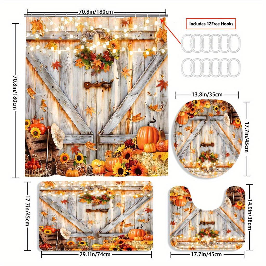 4 шт. роскошные блочные наборы занавесок для душа с тыквой, водонепроницаемые для ванной комнаты, нескользящие коврики для ванной комнаты, крышка для унитаза, коврик для ванной, набор для ванной комнаты