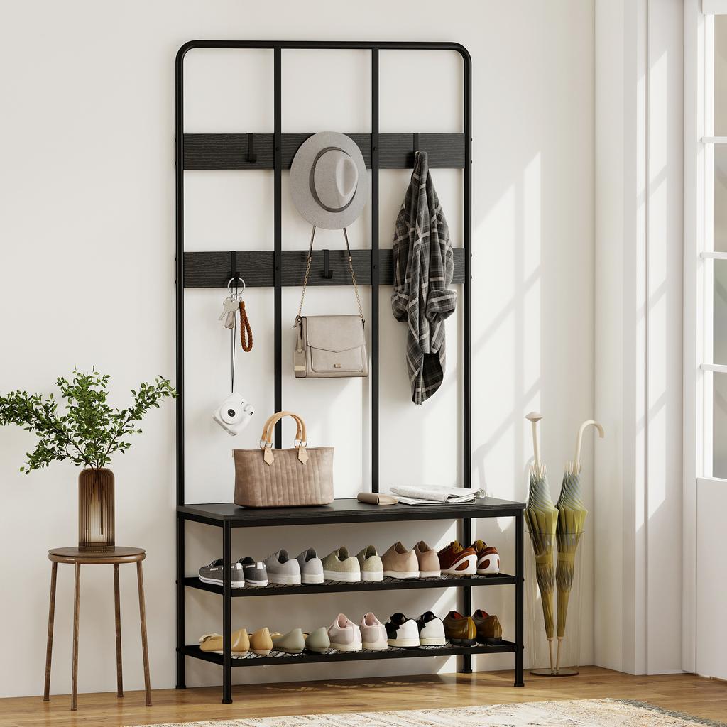 3 In 1 Coat Rack Clothes Hooks Bench Shoe Rack Metal Particle Board Black