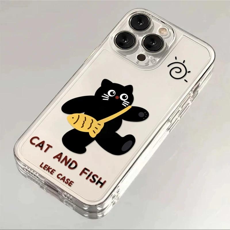 Cute Black Cat & Fish Clear Phone Case, Cartoon Animal Shockproof Cover for iPhone
