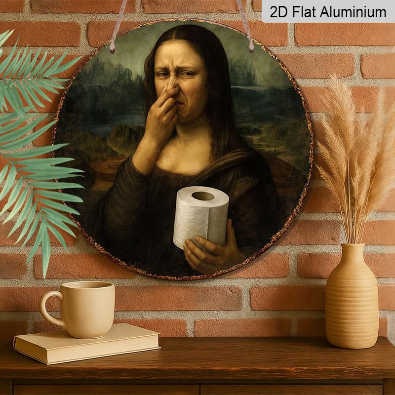 2D Flat, 1pc Funny Mona Lisa Covering Nose Restroom Aluminum Sign - Vintage Bathroom Wall Decor, Waterproof Rust-Proof Wall Plaque, Suitable for