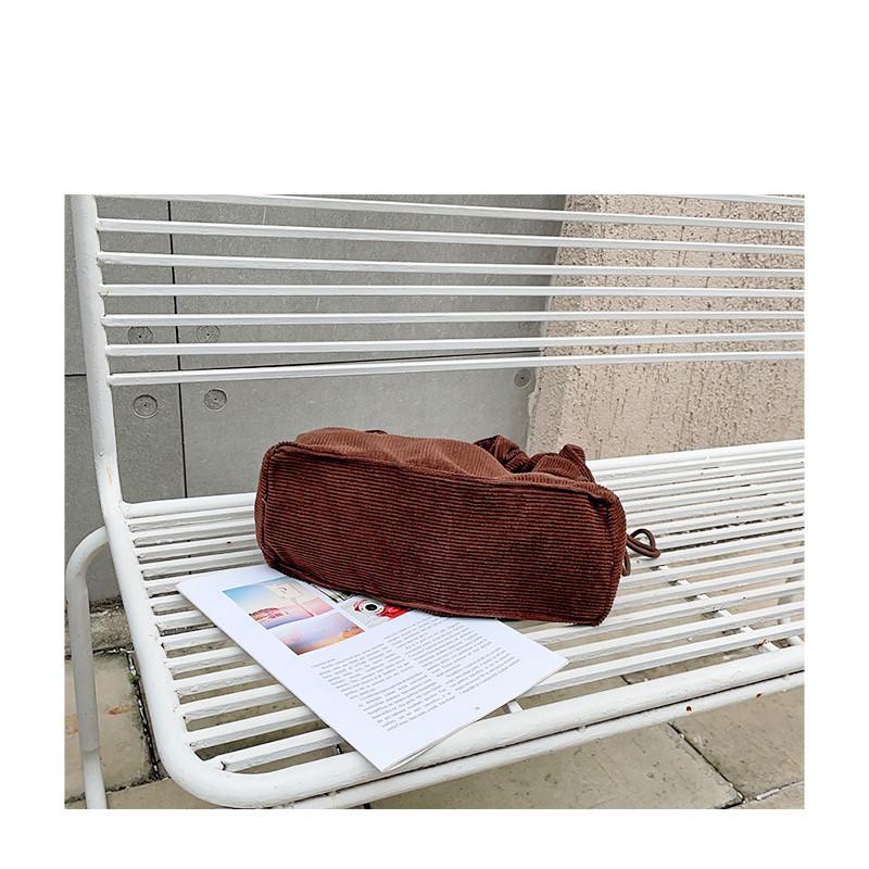 IELGY Japanese Casual Literary Canvas Bag, Retro Corduroy Shoulder Bag, Fashionable Drawstring Messenger Women's Bag