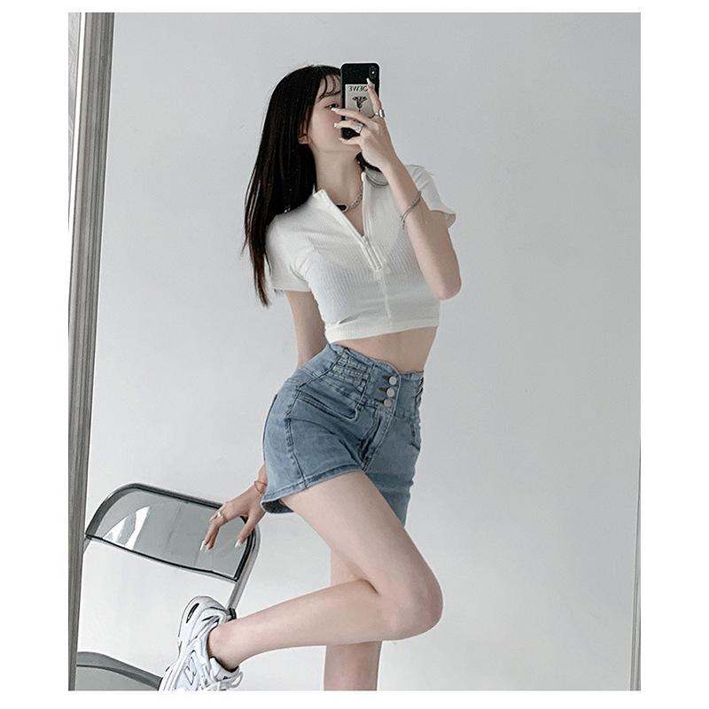 Черные джинсовые шорты с застежкой на пуговицы и высокой талией, корректирующие живот, для женщин, эластичные прямые брюки А-силуэта, широкие шорты в стиле Ins