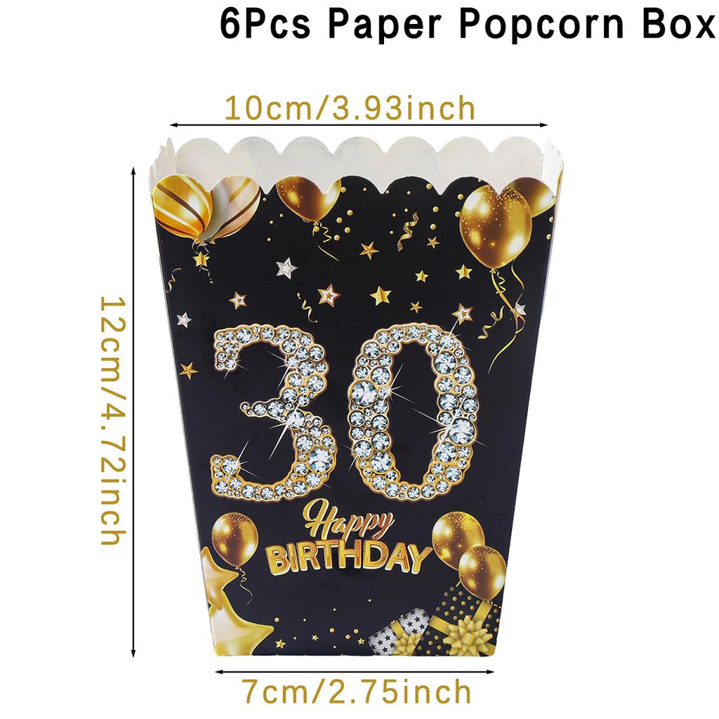 6 шт. Коробка для попкорна из бумаги на день рождения, черная, золотая, для вечеринки, подарочная коробка для угощений на 18, 21, 30, 40, 50, 60 лет, товары для вечеринки по случаю дня рождения для взрослых