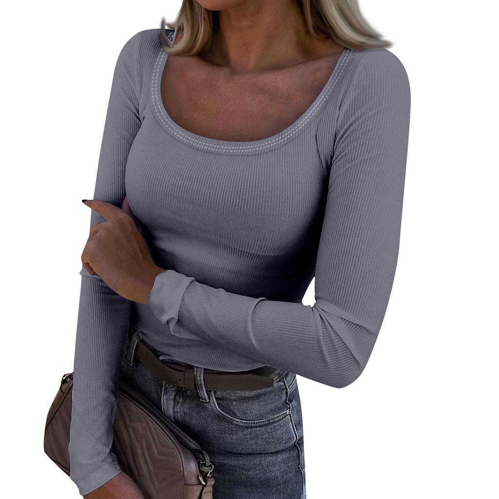 Women's  And Winter Slim Bottom T-shirt Fashion Casual Solid Color U Neck Pullover Long Sleeve Top