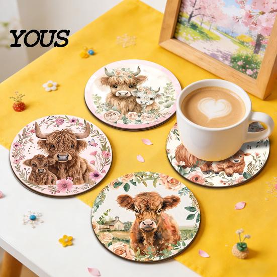 Healing Highland Calf Pattern Gifts Cow Cork Coasters, Cute Floral Farmhouse Drink Mats with Coasters for Drinks Non-Slip Base, Heat Resistant