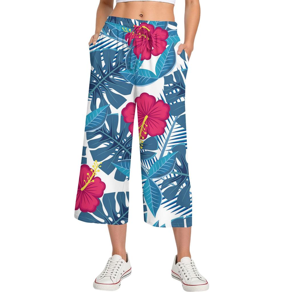 Женские летние повседневные спортивные брюки с высокой талией и принтом, укороченные брюки свободного покроя