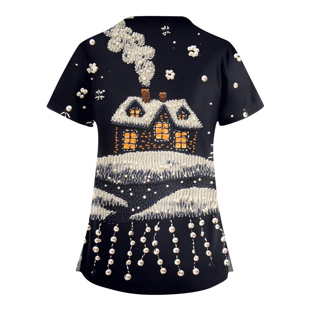 Женский модный рабочий топ с V-образным вырезом, рождественским принтом, короткими рукавами, карманом, боковым разрезом, базовый пуловер