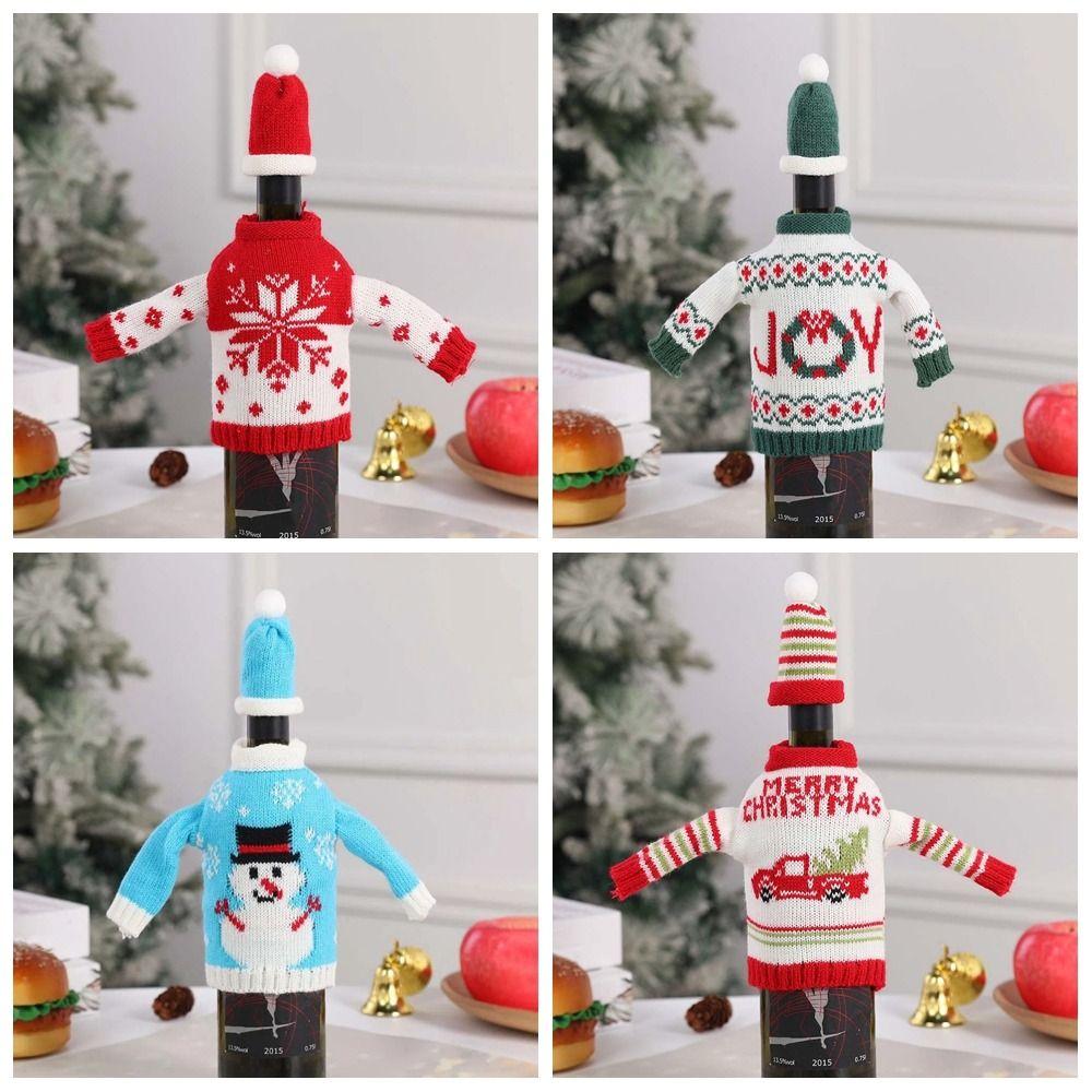 Knitted Clothes with Hats Christmas Wine Bottle Cover Christmas Decorations Portable Champagne Wine Bag Reusable Snowman