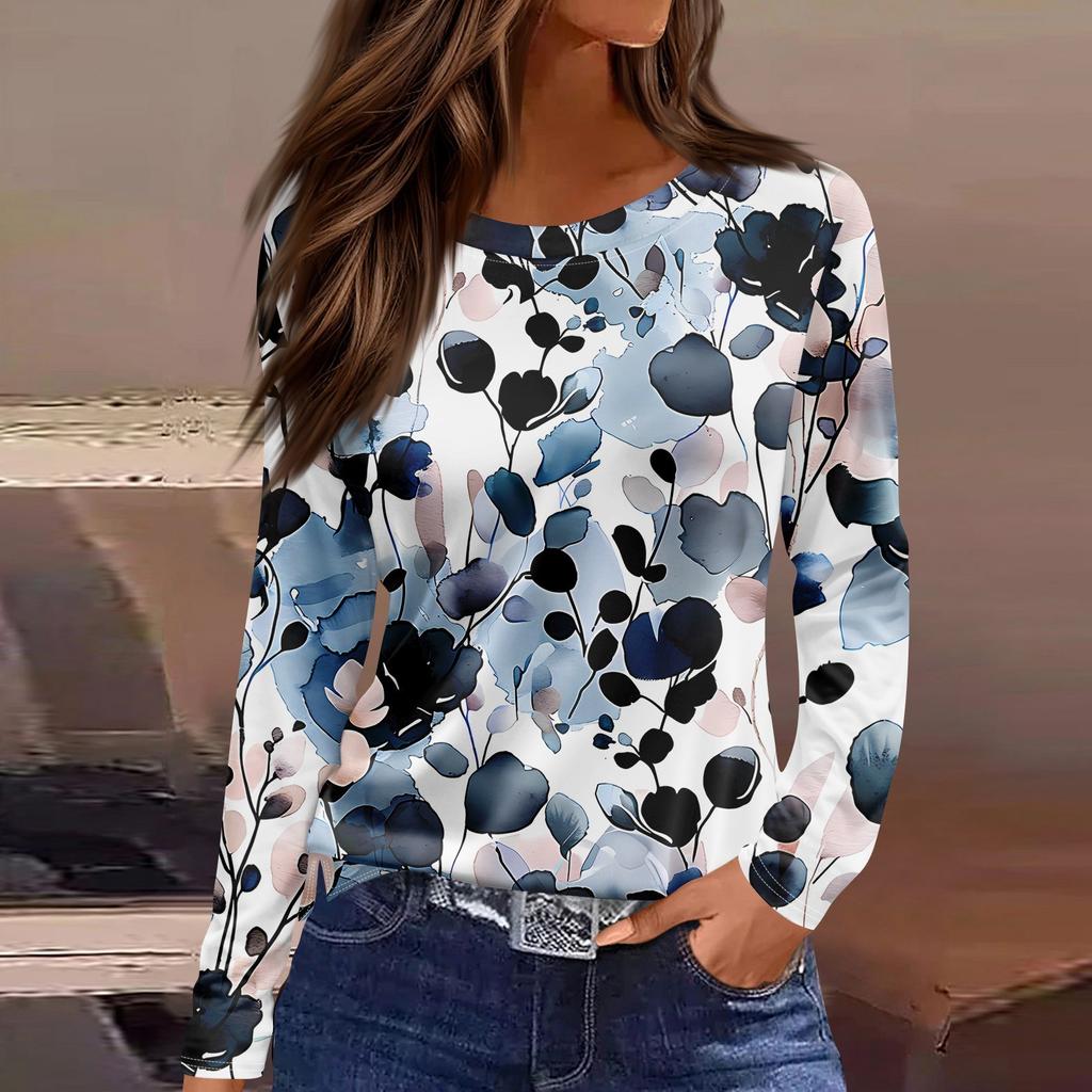 Женская модная повседневная свободная футболка с принтом и круглым вырезом с разрезом и длинным рукавом, женский топ